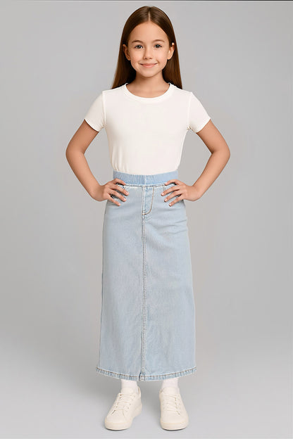 Girls denim maxi skirt with elastic waistband, Be-Girl brand, featuring a stylish long denim skirt for girls.