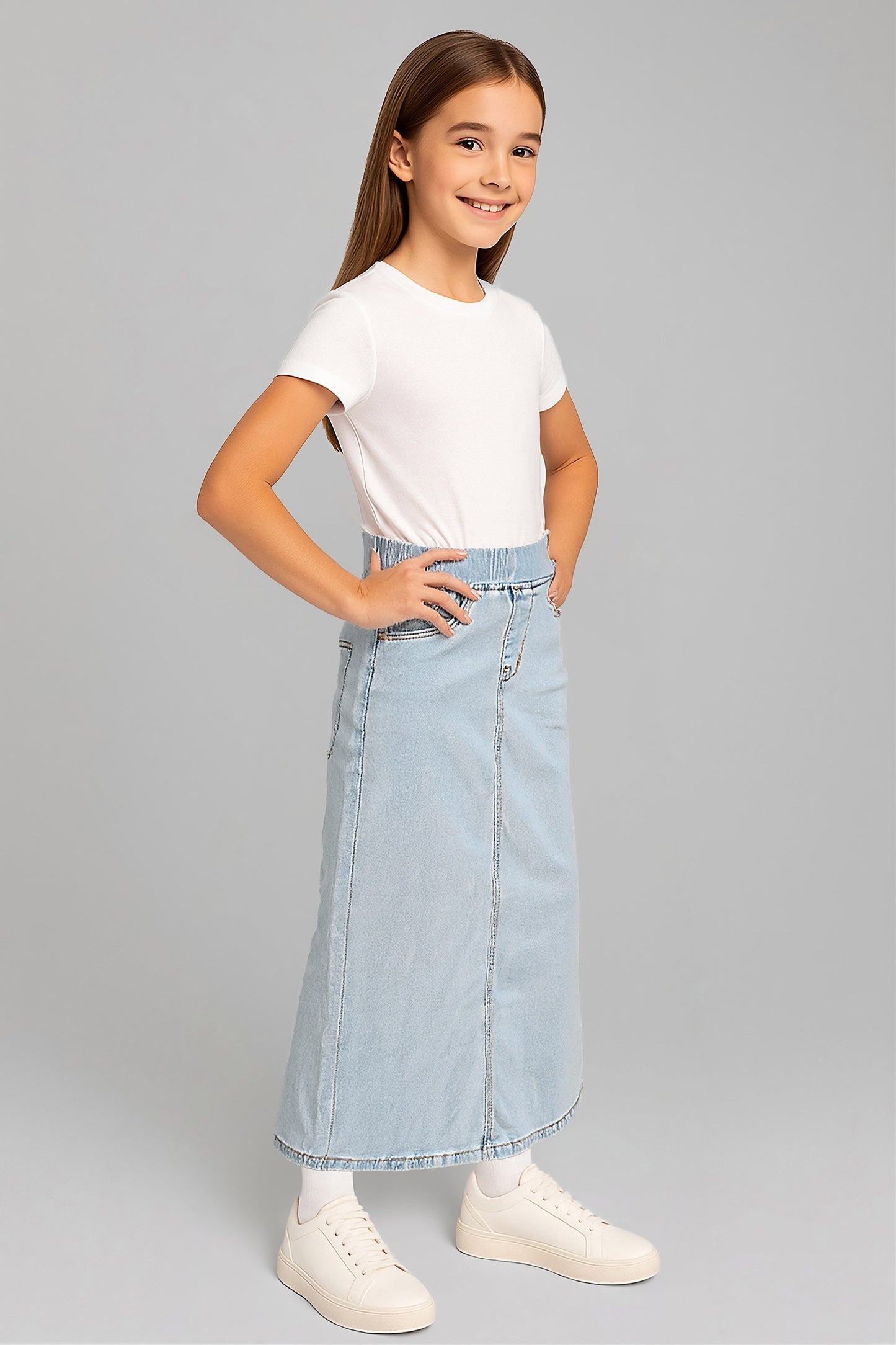 Girls denim maxi skirt with elastic waistband from Be-Girl, featuring a stylish long denim skirt for girls.
