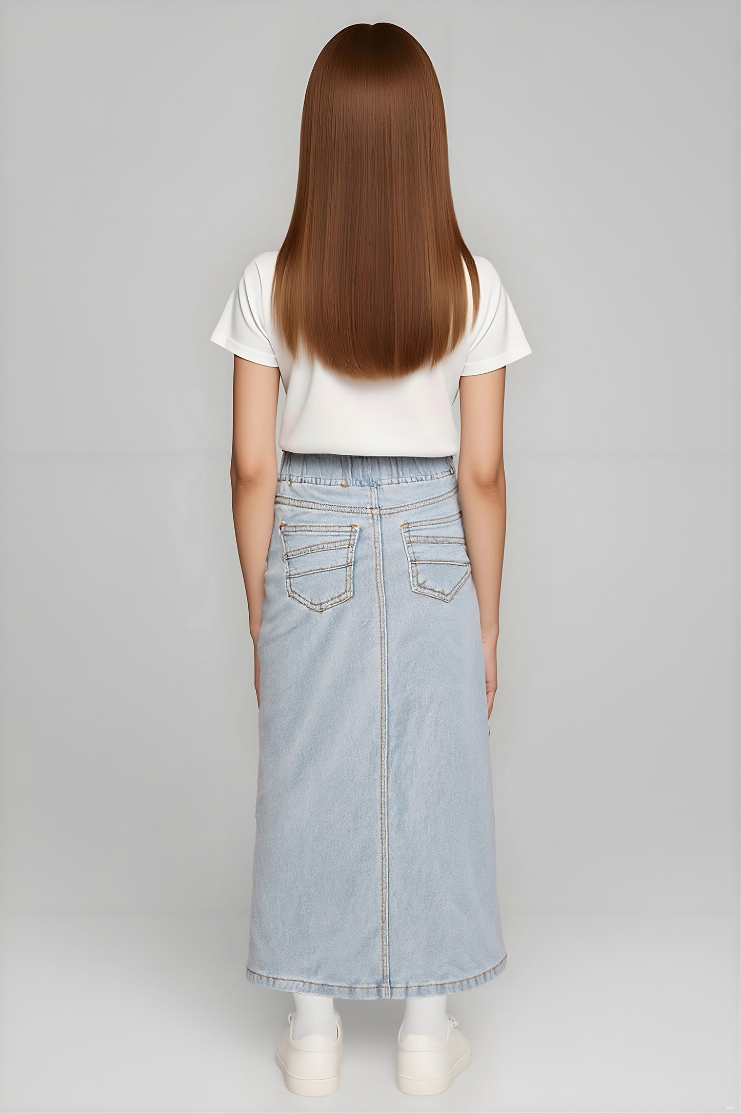 Girls denim maxi skirt with elastic waistband from Be-Girl, featuring a stylish, casual design perfect for everyday wear.
