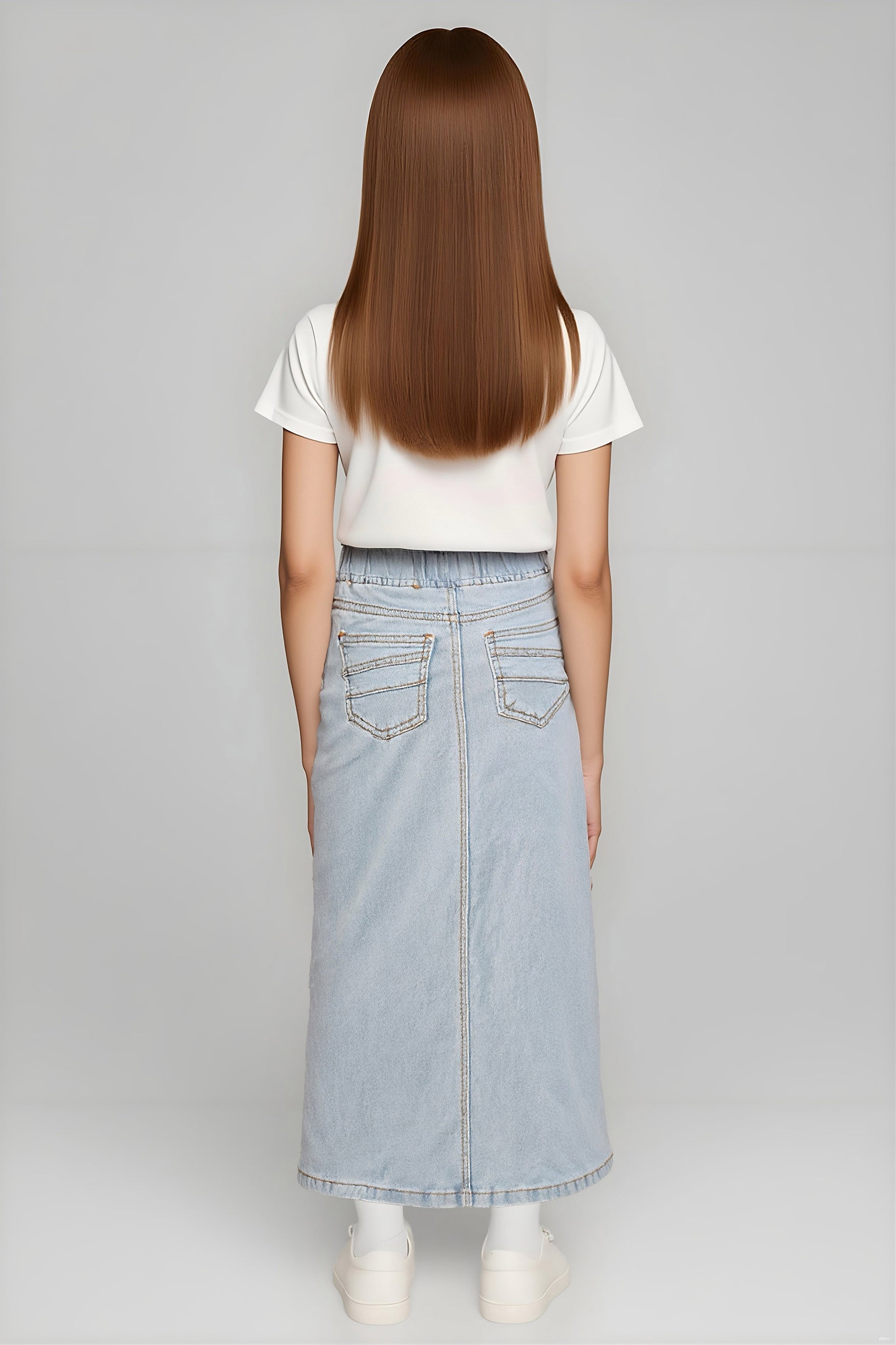 Girls denim maxi skirt with elastic waistband from Be-Girl, featuring a stylish, casual design perfect for everyday wear.