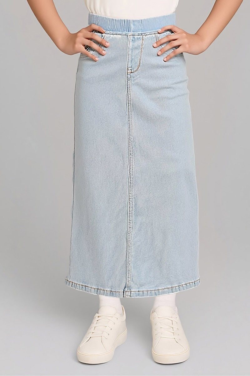 Girls denim maxi skirt with elastic waistband from Be-Girl, featuring a stylish and comfortable design for casual wear.