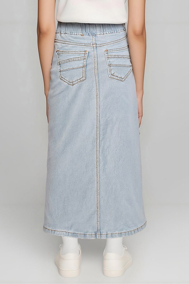 Girls Be-Girl denim maxi skirt with elastic waistband, featuring a casual, comfortable style and classic blue denim fabric.