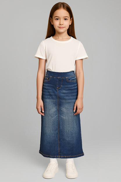 Girls denim maxi skirt with elastic waistband in dark wash by Be-Girl, featuring a flowing style and comfortable fit.