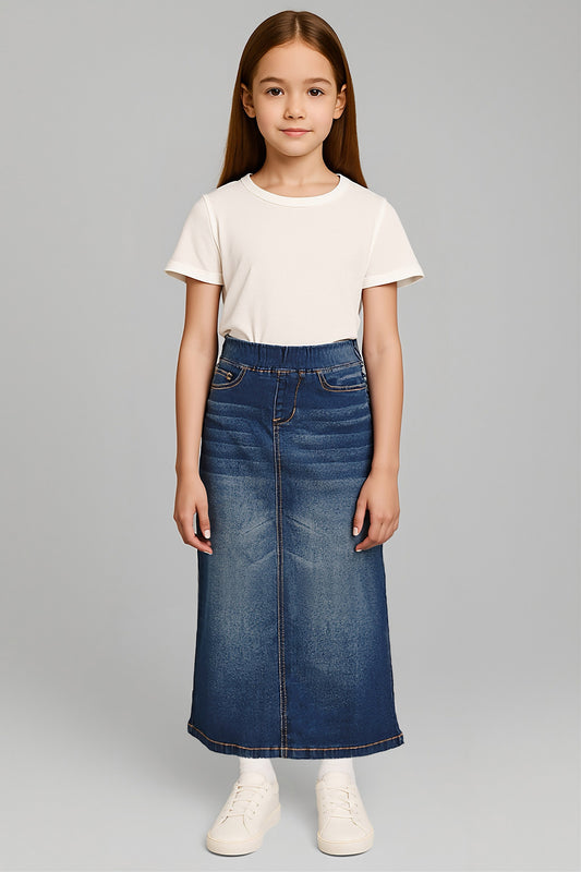 Girls denim maxi skirt with elastic waistband in dark wash by Be-Girl, featuring a flowing style and comfortable fit.