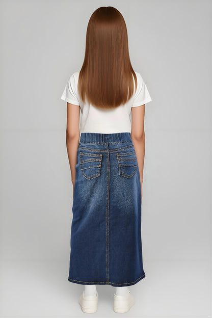 Girls denim maxi skirt with elastic waistband in dark wash by Be-Girl, featuring a flowing design and casual style.