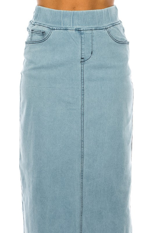 Be-Girl lightwash denim maxi skirt with elastic waist, modest style, plus size, featuring a flowing design and full-length fit.