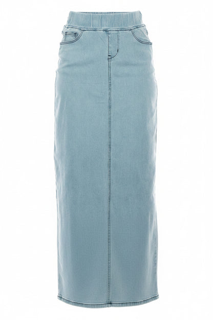 Be-Girl lightwash denim maxi skirt with elastic waist, modest style, plus size, flowing design, perfect for casual wear.