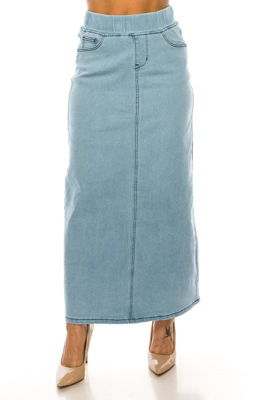 Be Girl lightwash elastic waist modest denim maxi skirt for plus size, featuring a flowing fit and classic denim styling.