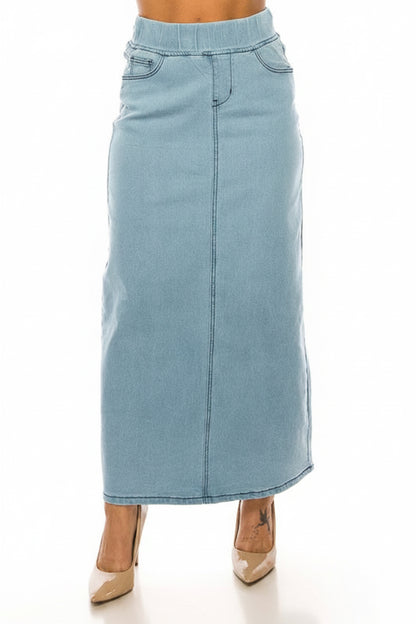 Be Girl lightwash denim maxi skirt with elastic waistband, modest style, plus size, flowing length, casual denim skirt for women.