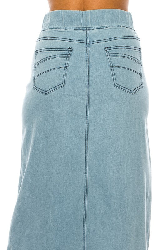 Be Girl lightwash denim maxi skirt with elastic waistband, modest style, plus size, casual long denim skirt for women.