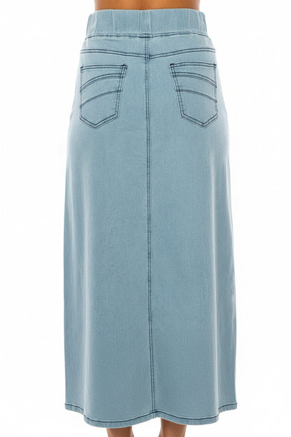 Be-Girl plus size lightwash denim maxi skirt with elastic waistband, modest style, flowing design, suitable for casual wear