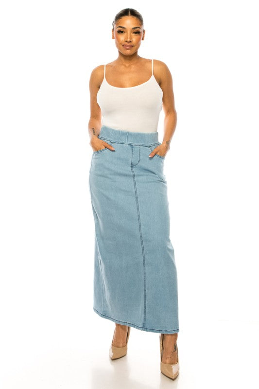 Be Girl plus-size lightwash denim maxi skirt with elastic waistband and modest style, perfect for casual wear