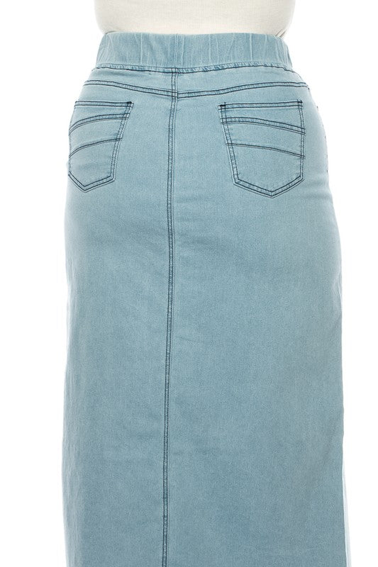 Be-Girl lightwash denim maxi skirt with elastic waistband, modest style, plus size, flowing design, perfect for casual wear.