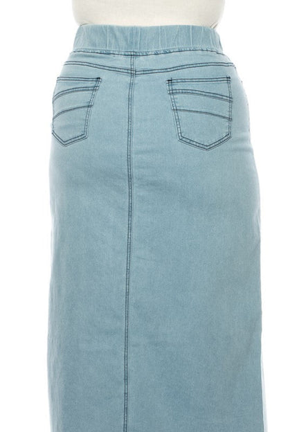 Be Girl lightwash denim maxi skirt with elastic waist, modest style, plus size, casual denim skirt for women.