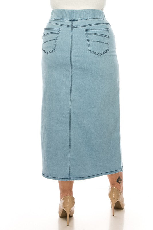 Be-Girl plus size lightwash denim maxi skirt with elastic waistband, modest design, and flowing silhouette.