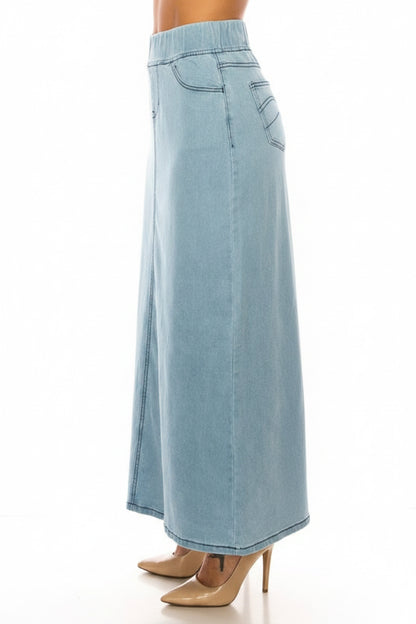 Plus size Be-Girl light wash denim maxi skirt with elastic waist, modest style, and full-length design.