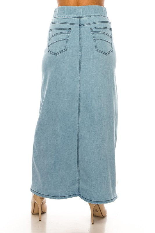 Plus size Be Girl lightwash denim maxi skirt with elastic waist, modest style, flowing design, and full-length fit.