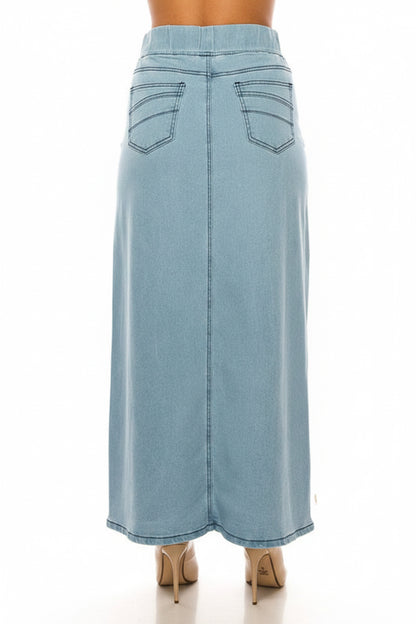 Plus size Be-Girl elastic waist lightwash denim maxi skirt with modest design and relaxed fit, perfect for casual wear.