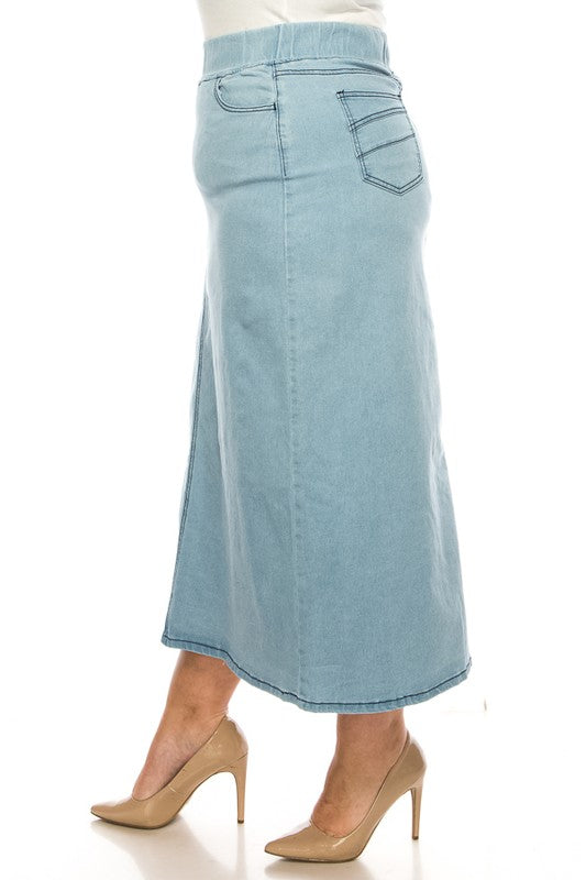 Be-Girl plus size denim maxi skirt with elastic waist in light wash, modest style, full-length denim skirt for women.