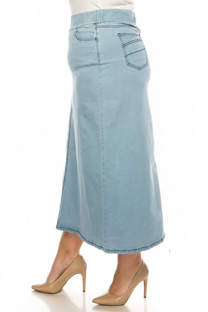 Be Girl plus size light wash denim maxi skirt with elastic waist, modest design, and classic denim look.