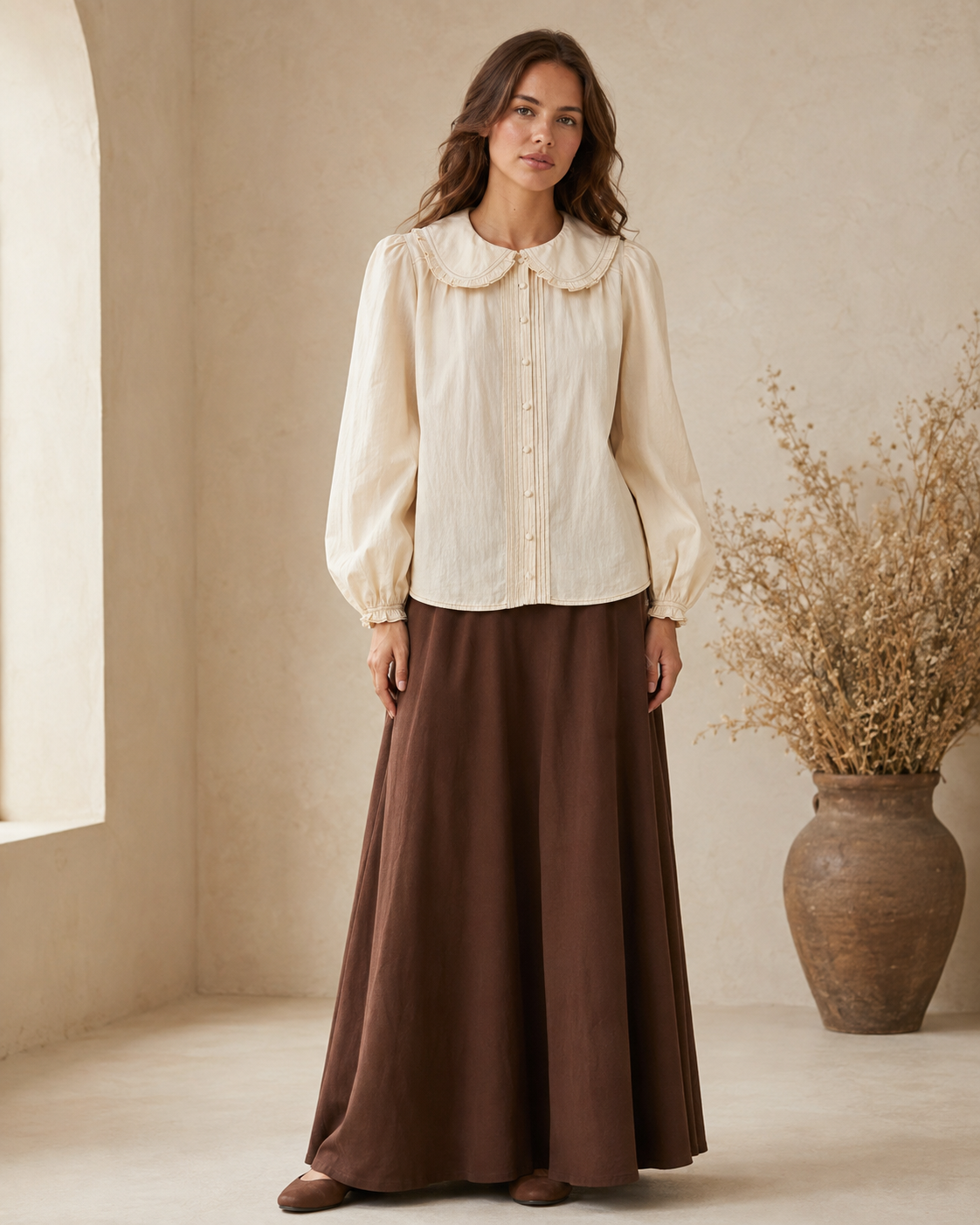 Contrast Stitch Peter Pan Collar Top in Cream
