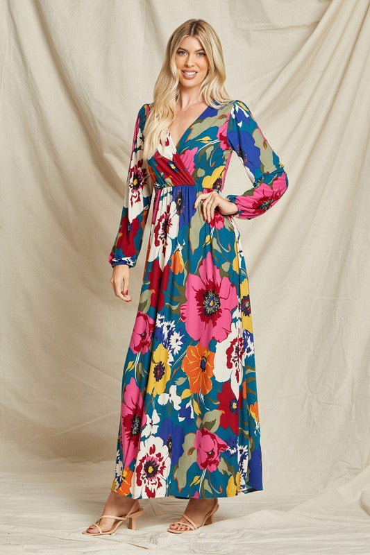 Pink floral Beeson River maxi dress with faux wrap surplice design, elegant long dress for women.