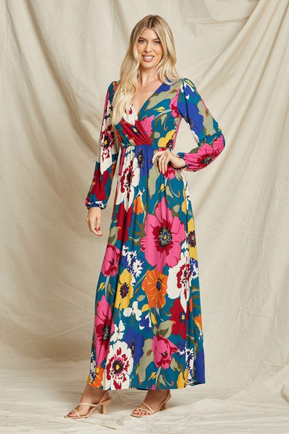 Pink floral Beeson River maxi dress with faux wrap surplice design, elegant long dress for women.