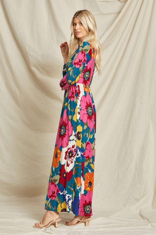 Pink floral faux wrap surplice maxi dress by Beeson River, featuring a flowing silhouette and elegant design.