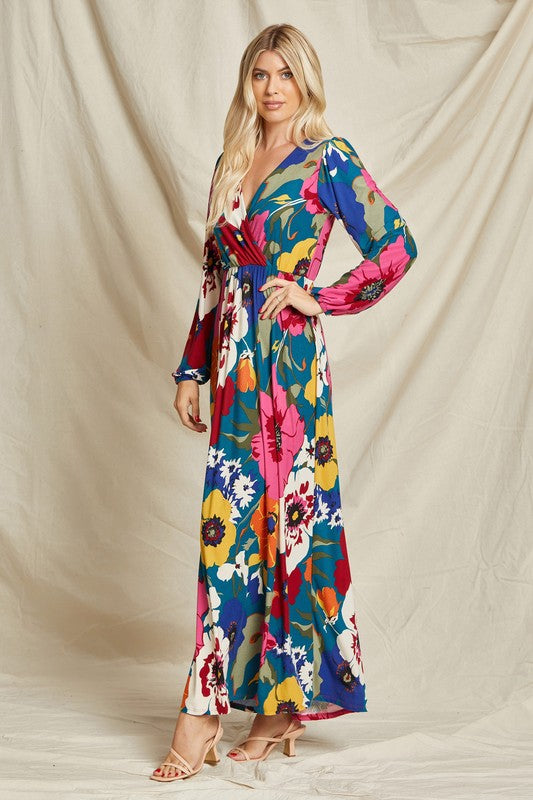 Pink floral faux wrap surplice maxi dress by Beeson River, featuring a flattering silhouette and elegant design.