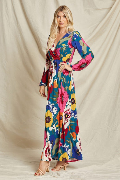 Pink floral faux wrap surplice maxi dress by Beeson River, featuring a flattering silhouette and elegant design.