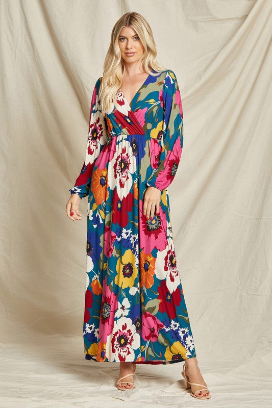 Pink floral faux wrap surplice maxi dress by Beeson River, featuring a flowing silhouette and elegant design.