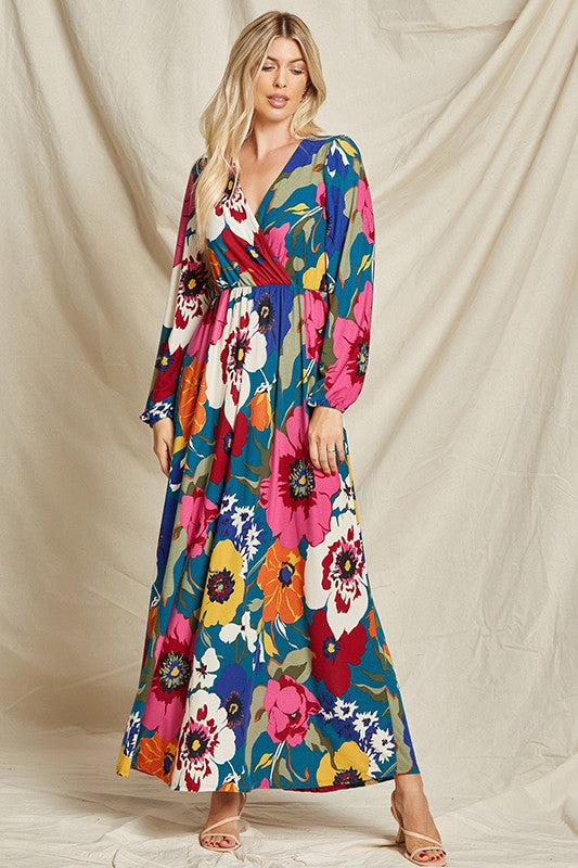Pink floral faux wrap maxi dress by Beeson River with surplice neckline and flowing silhouette, perfect for elegant summer occasions.
