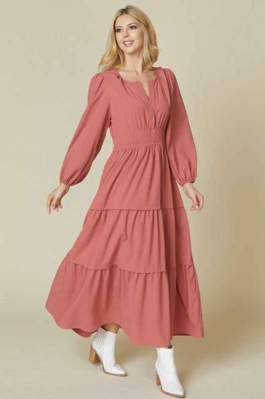 Beeson River solid maroon tiered V-neck maxi dress with pockets, flowing design, and long sleeves for a stylish, comfortable look.