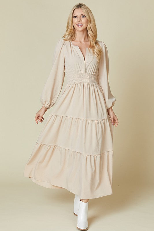 Beeson River solid maroon tiered V-neck maxi dress with pockets, flowing design and relaxed fit for casual wear.