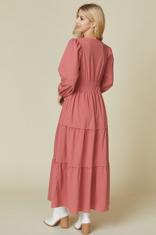Beeson River solid maroon tiered V-neck maxi dress with pockets, flowing style, sleeveless design, perfect for casual wear.