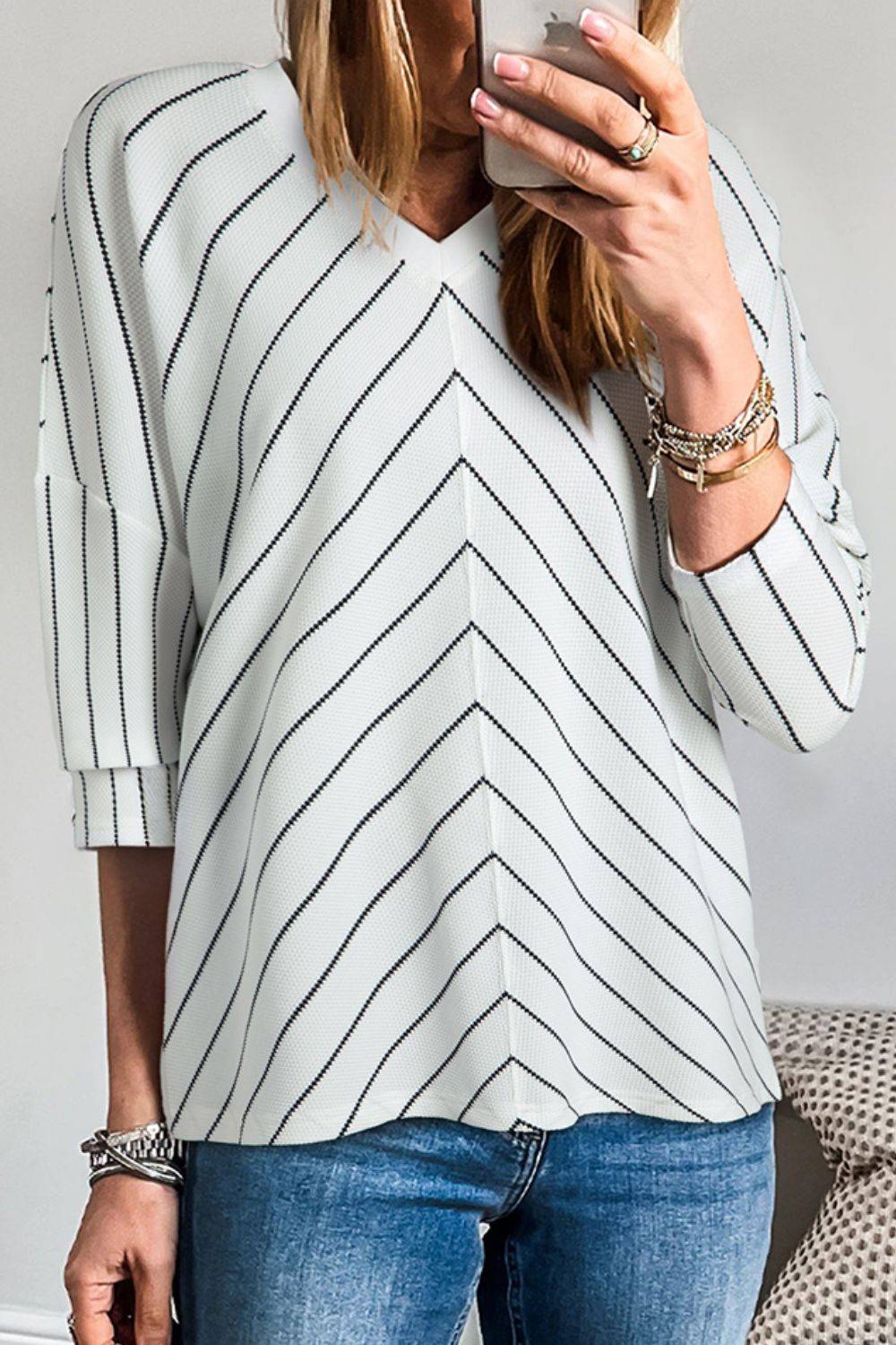 Striped V-Neck Long Sleeve Blouse