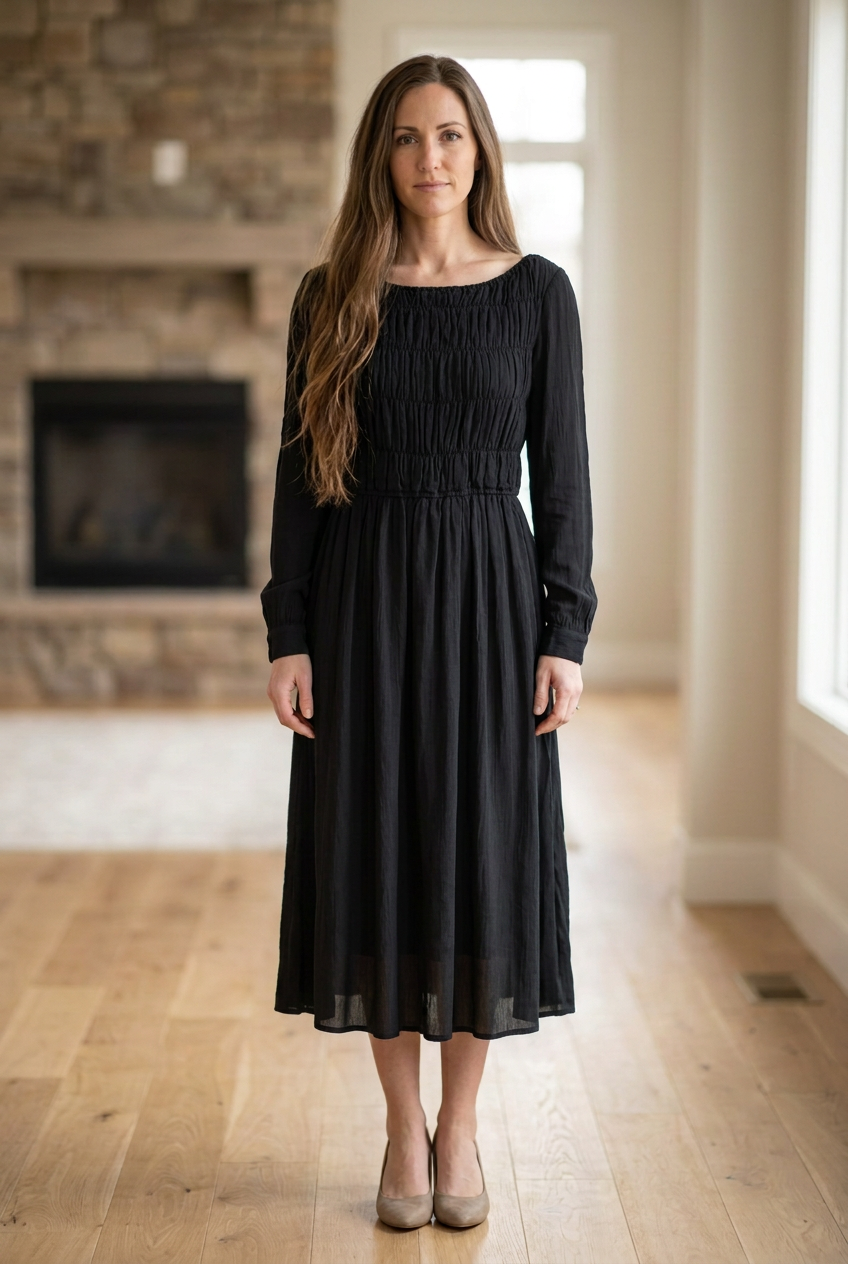 Black Smocked Long Sleeve Midi Dress