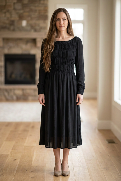 Black Smocked Long Sleeve Midi Dress