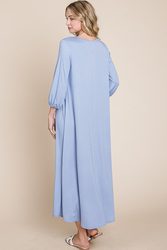 Bombom cloud blue A-line puff sleeve maxi dress with a flowing silhouette and elegant design, perfect for stylish occasions.