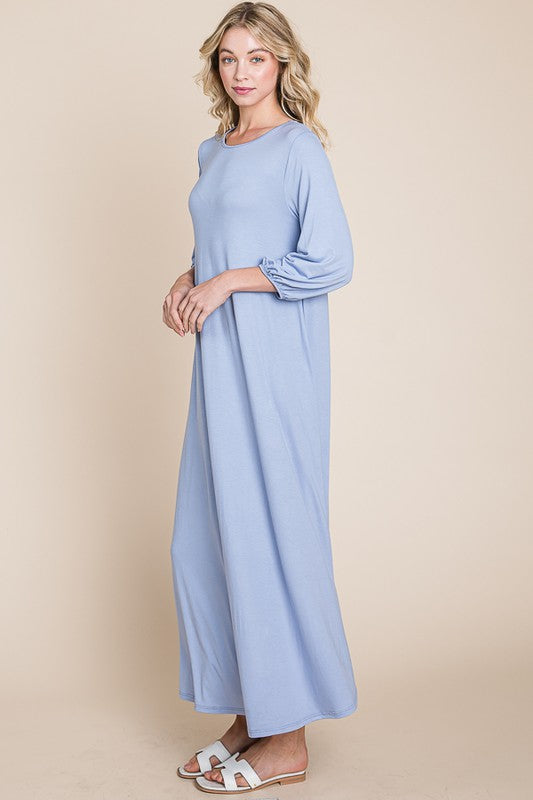 Bombom cloud blue A-line puff sleeve maxi dress with a flowing silhouette and elegant design, perfect for casual or formal wear.