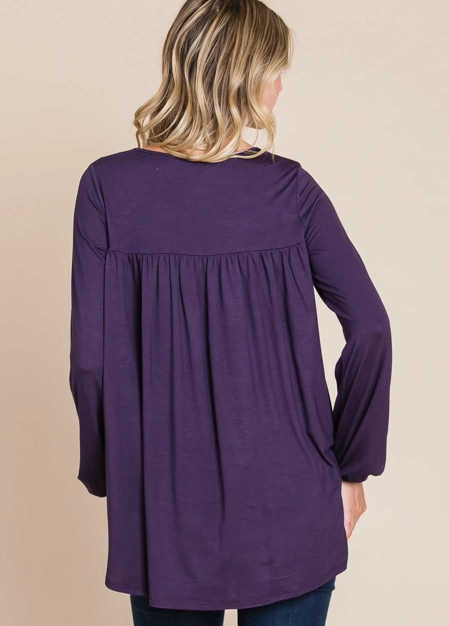 Bombom women's long sleeve puff sleeve top in mocha, relaxed fit with stylish puff sleeves.