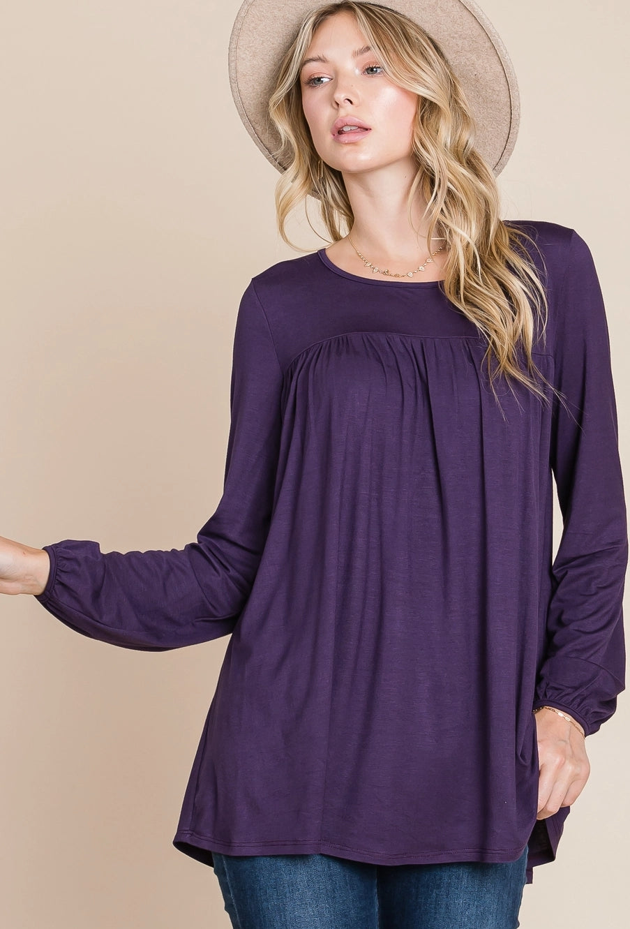 Bombom women's long sleeve puff sleeve top in mocha, relaxed fit, stylish and comfortable for casual wear.