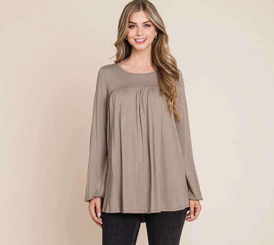 Bombom women's relaxed fit long sleeve puff sleeve top in mocha, style TL1737.