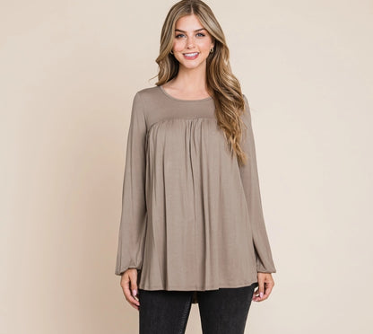Bombom women's relaxed fit long sleeve puff sleeve top in mocha, style TL1737.