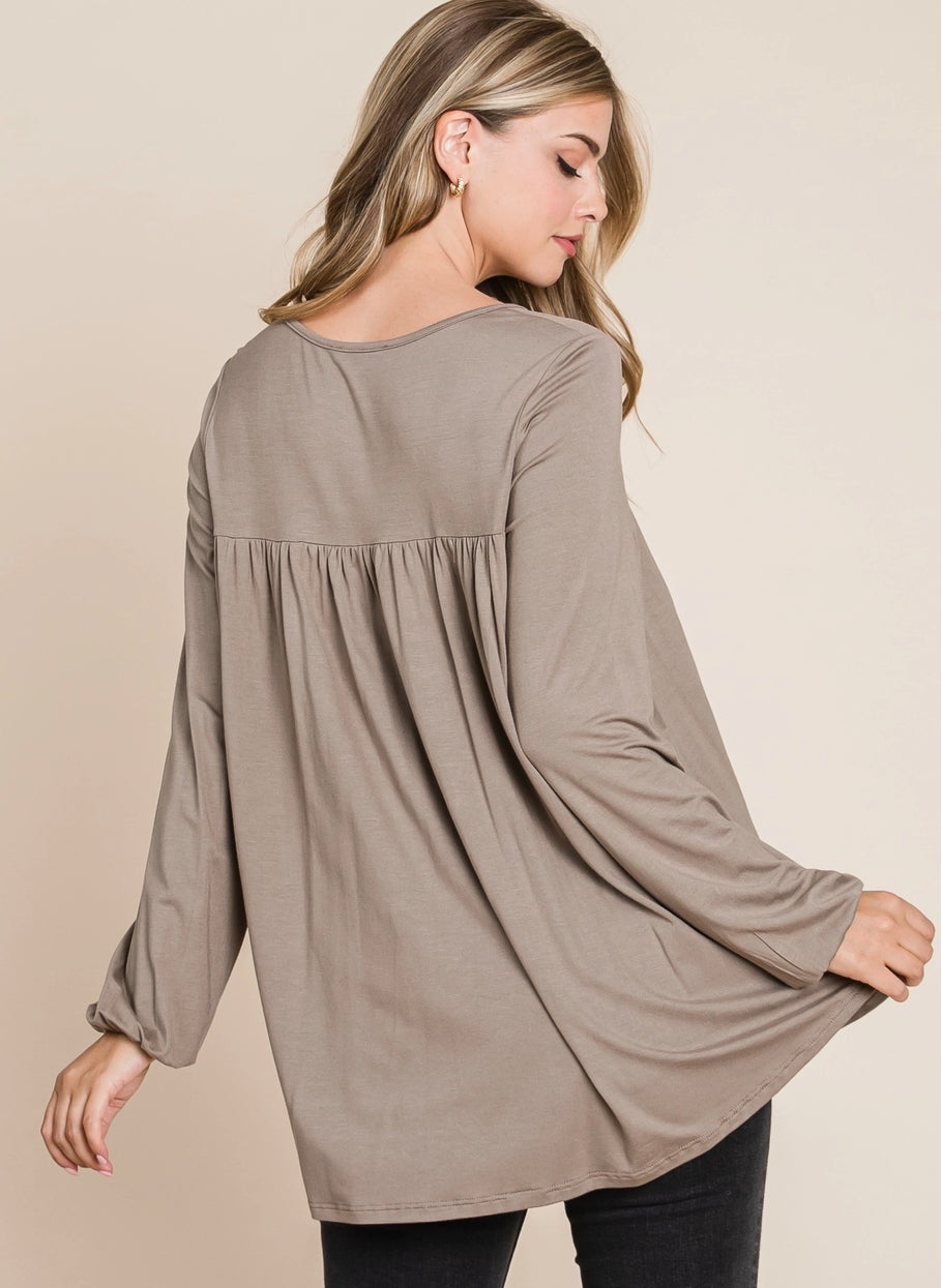 Bombom women's long sleeve puff sleeve top in mocha with relaxed fit, casual and stylish for everyday wear.