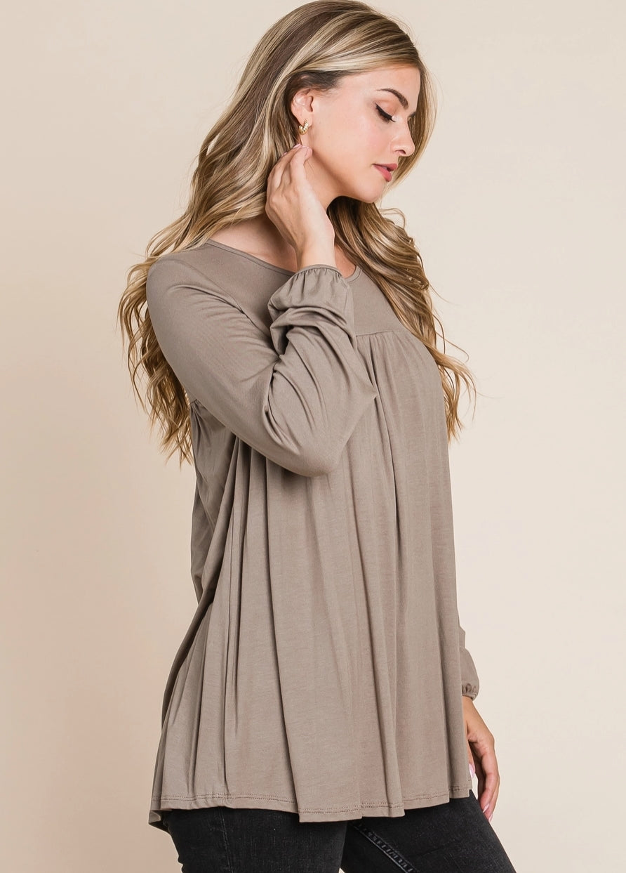 Bombom Women's Relaxed Fit Puff Sleeve Long Sleeve Top in mocha, stylish casual top with relaxed fit and puff sleeves.