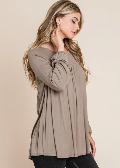 Bombom Women's Relaxed Fit Puff Sleeve Long Sleeve Top in mocha, stylish casual top with relaxed fit and puff sleeves.