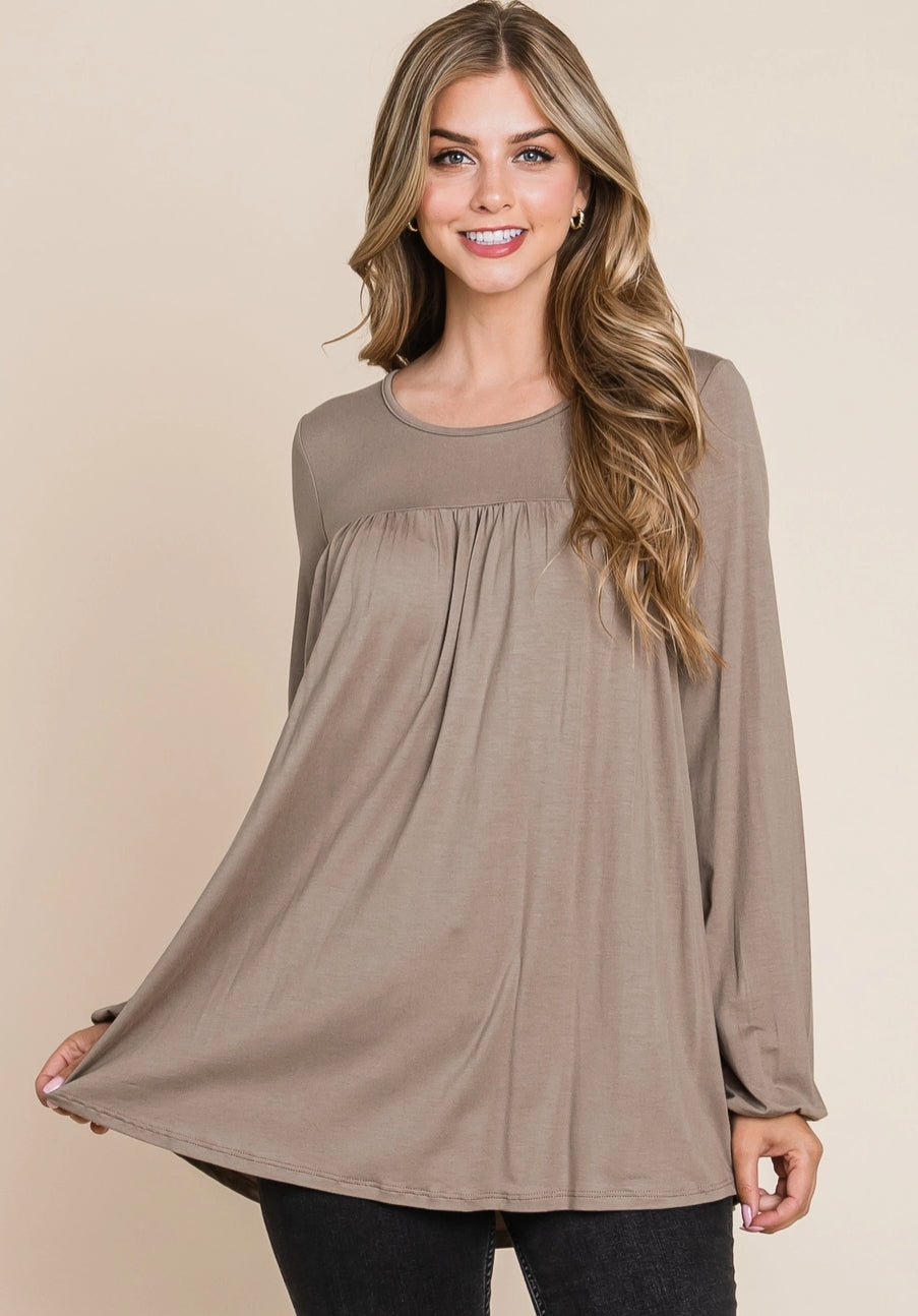 Bombom women's relaxed fit long sleeve puff sleeve top in mocha with a casual, comfortable style.
