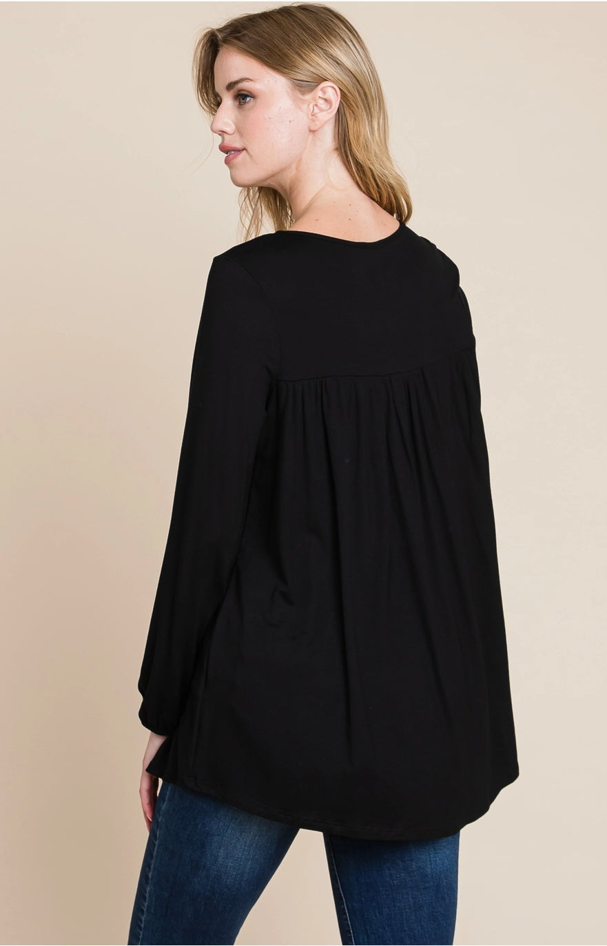 Bombom women's relaxed fit long sleeve puff sleeve top in mocha, style TL1737, showcasing a casual, comfortable design.