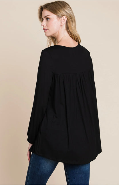 Bombom women's relaxed fit long sleeve puff sleeve top in mocha, style TL1737, showcasing a casual, comfortable design.